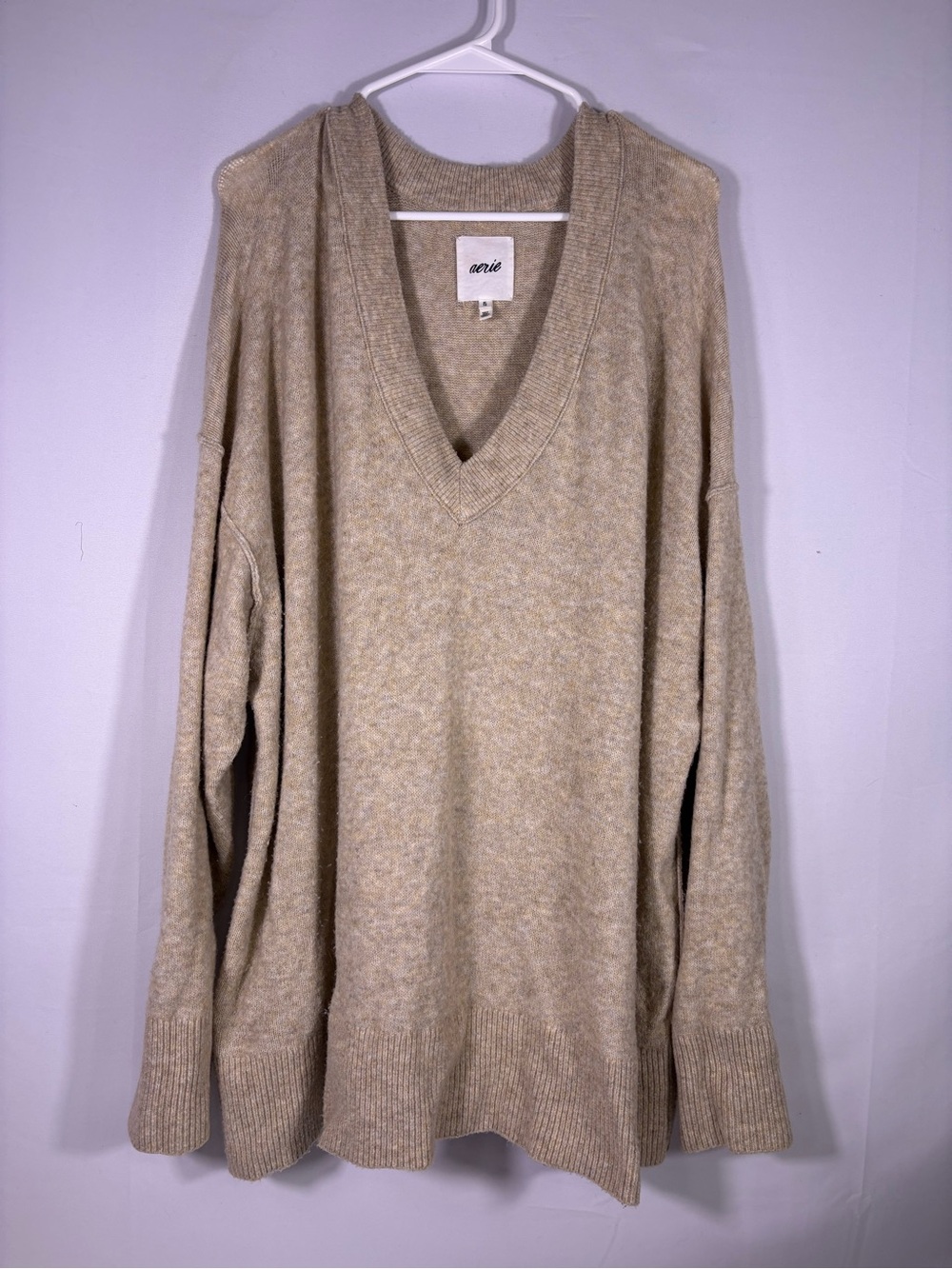 Aerie Oversized V Neck Sweater Oatmeal Beige Slouchy Cozy Neutral XL
